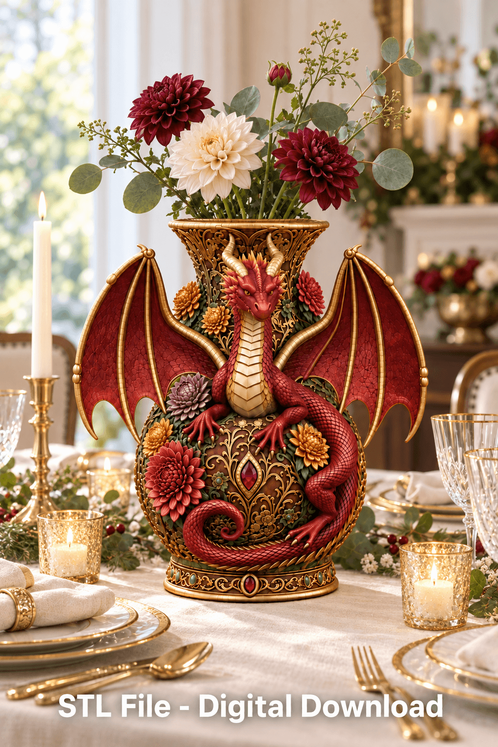 Crimson Floral Dragon Vase STL File for 3D Print