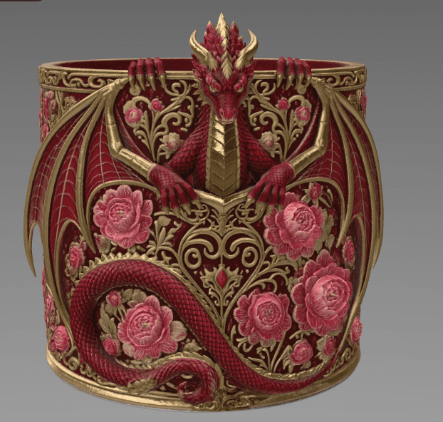 Red Floral Dragon Flower Pot STL File for 3D Print