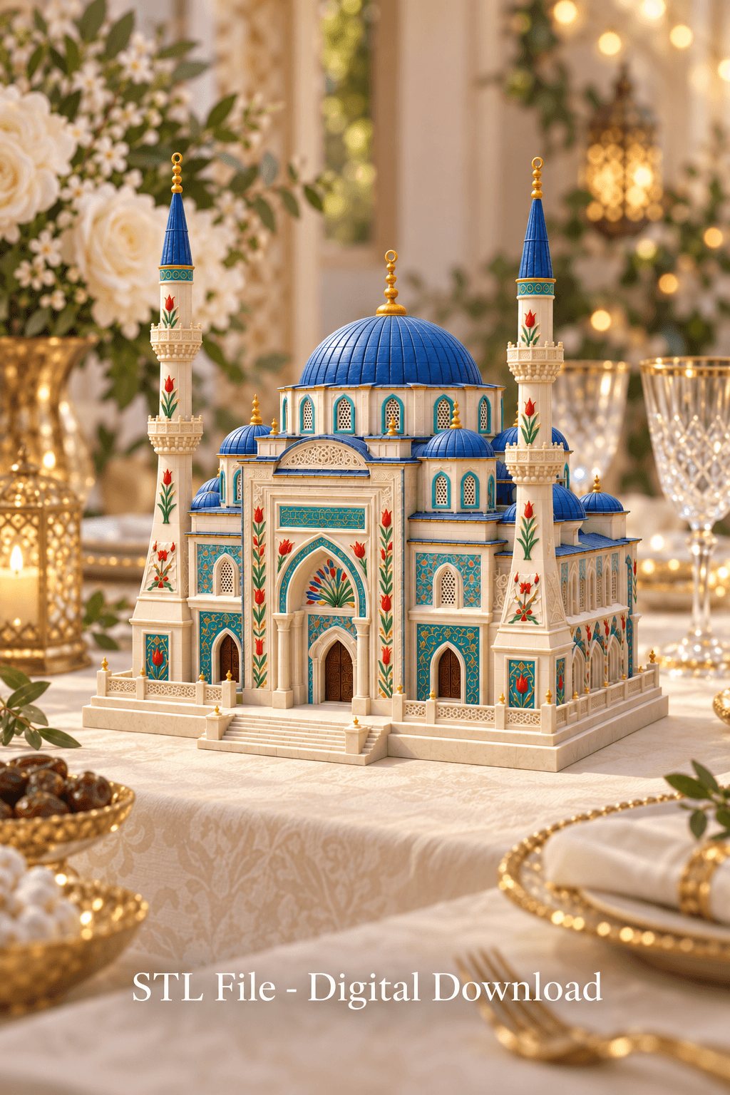 Blue Dome and Twin Minaret Architecture STL File for 3D Print